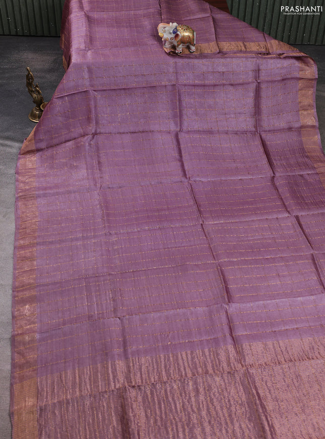 Pure tussar silk saree pastel purple and mustard yellow with allover zari checked pattern and zari woven border