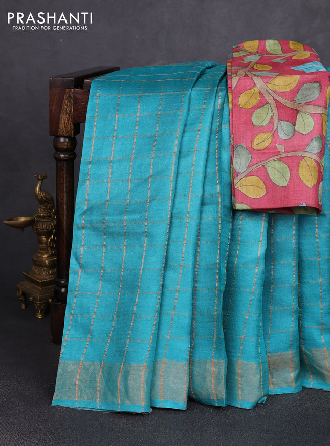 Pure tussar silk saree teal green and maroon with allover zari checked pattern and zari woven border