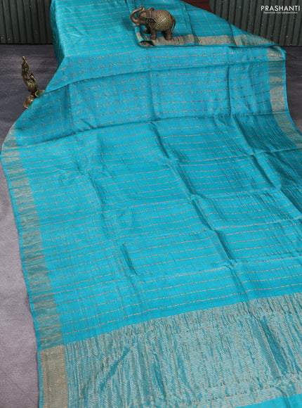 Pure tussar silk saree teal green and maroon with allover zari checked pattern and zari woven border