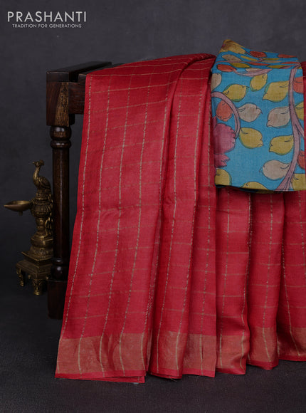 Pure tussar silk saree red and teal blue with allover zari checked pattern and zari woven border