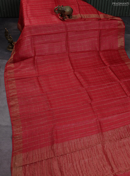 Pure tussar silk saree red and teal blue with allover zari checked pattern and zari woven border