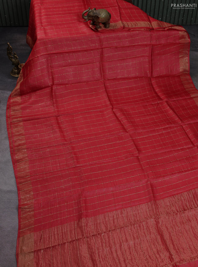 Pure tussar silk saree red and teal blue with allover zari checked pattern and zari woven border