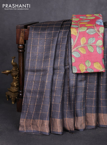 Pure tussar silk saree elephant grey and maroon with allover zari checked pattern and zari woven border