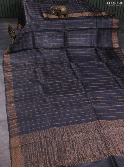Pure tussar silk saree elephant grey and maroon with allover zari checked pattern and zari woven border