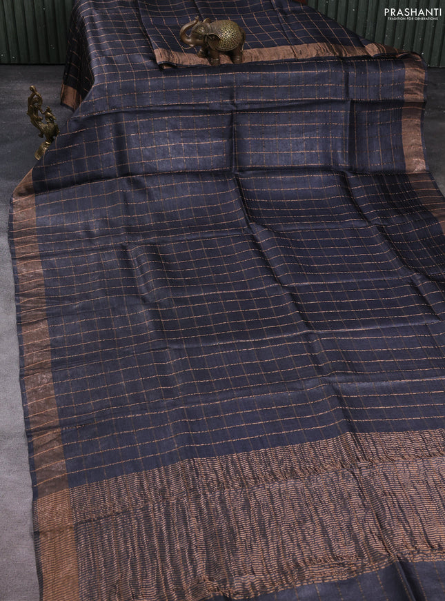 Pure tussar silk saree elephant grey and maroon with allover zari checked pattern and zari woven border