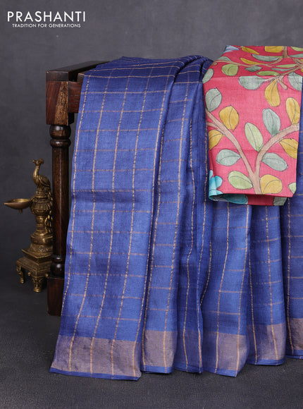 Pure tussar silk saree navy blue and maroon with allover zari checked pattern and zari woven border
