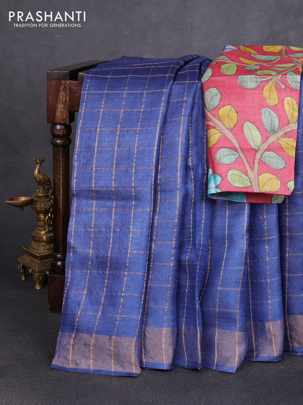 Pure tussar silk saree navy blue and maroon with allover zari checked pattern and zari woven border