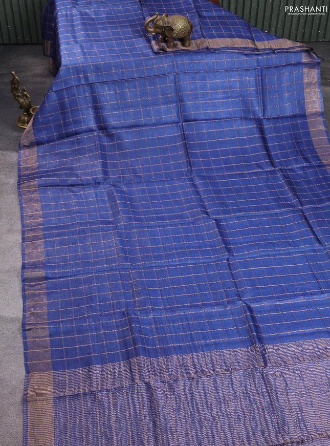 Pure tussar silk saree navy blue and maroon with allover zari checked pattern and zari woven border