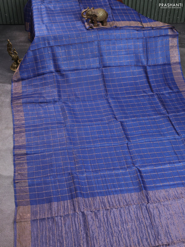 Pure tussar silk saree navy blue and maroon with allover zari checked pattern and zari woven border