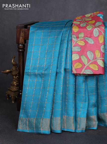 Pure tussar silk saree teal blue and maroon with allover zari checked pattern and zari woven border