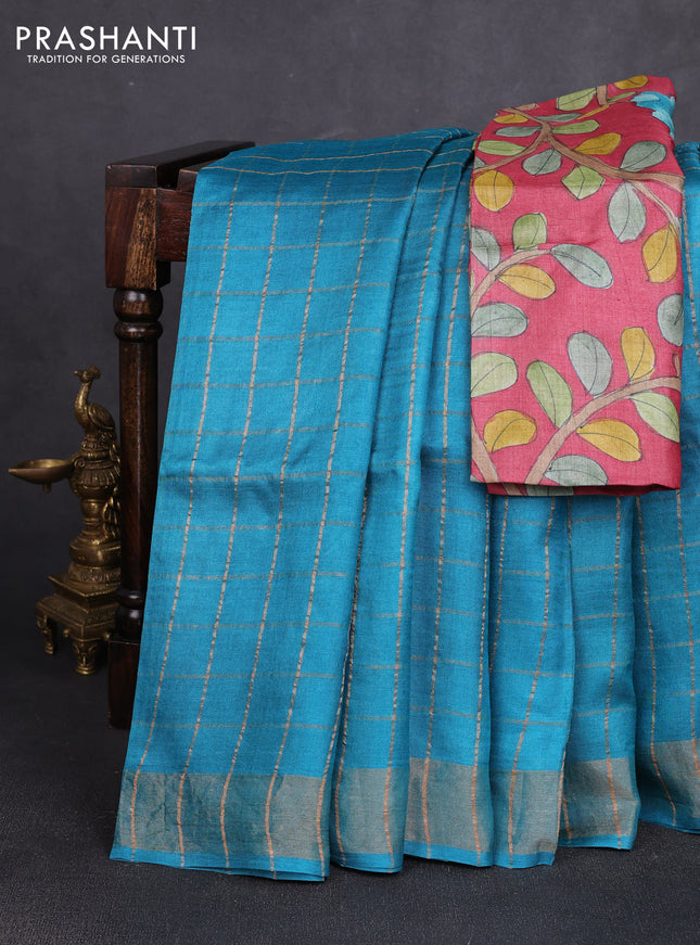 Pure tussar silk saree teal blue and maroon with allover zari checked pattern and zari woven border