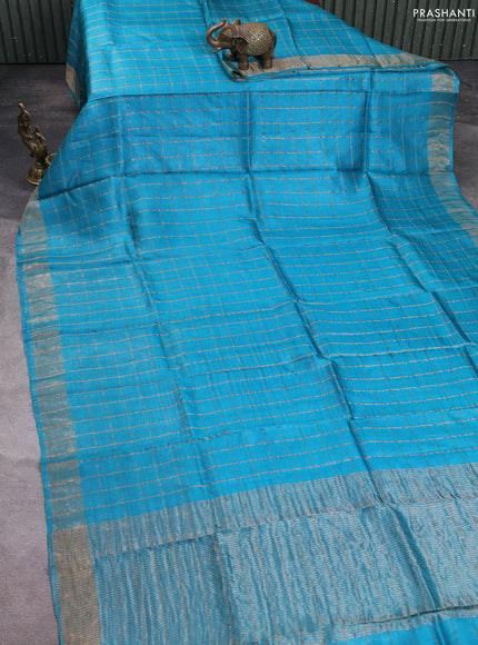 Pure tussar silk saree teal blue and maroon with allover zari checked pattern and zari woven border