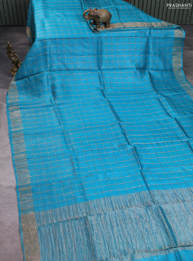 Pure tussar silk saree teal blue and maroon with allover zari checked pattern and zari woven border