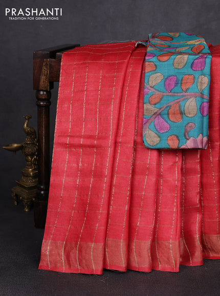 Pure tussar silk saree red and teal green with allover zari checked pattern and zari woven border