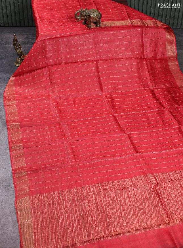 Pure tussar silk saree red and teal green with allover zari checked pattern and zari woven border