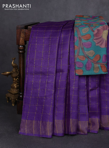 Pure tussar silk saree purple and teal green with allover zari checked pattern and zari woven border