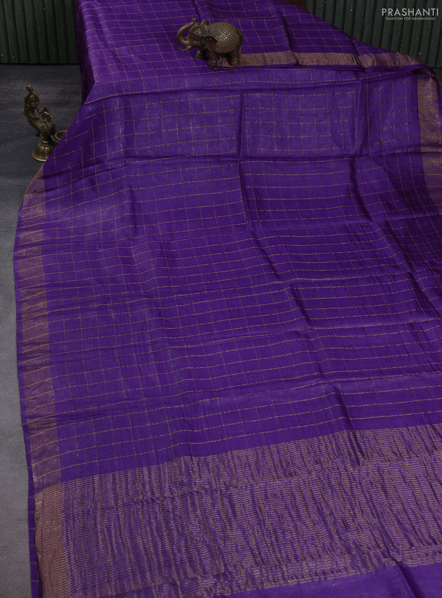 Pure tussar silk saree purple and teal green with allover zari checked pattern and zari woven border
