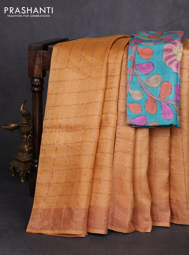 Pure tussar silk saree mustard shade and teal green with allover zari checked pattern and zari woven border