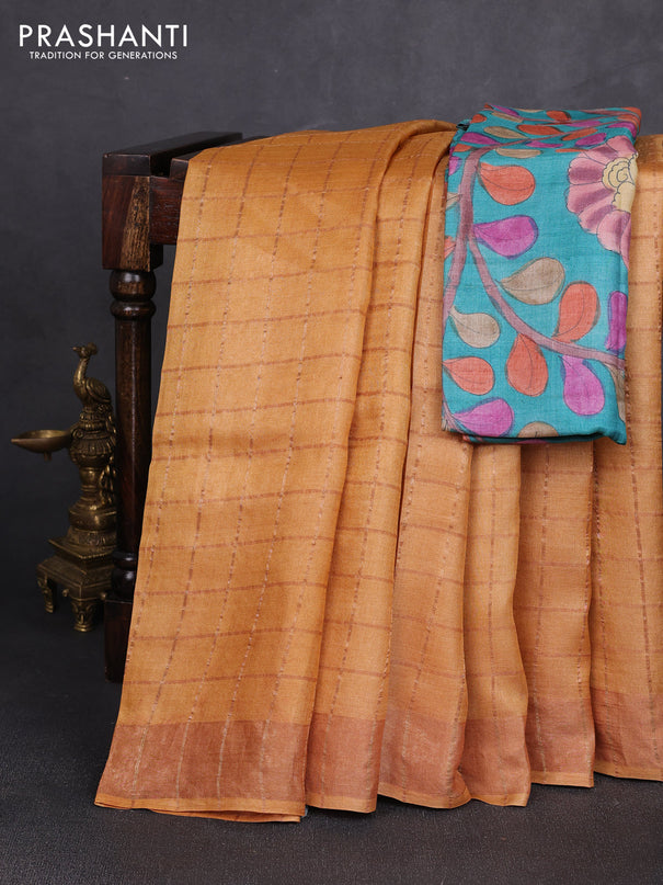 Pure tussar silk saree mustard shade and teal green with allover zari checked pattern and zari woven border