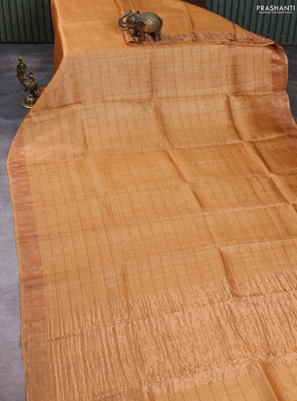 Pure tussar silk saree mustard shade and teal green with allover zari checked pattern and zari woven border