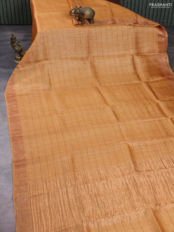 Pure tussar silk saree mustard shade and teal green with allover zari checked pattern and zari woven border