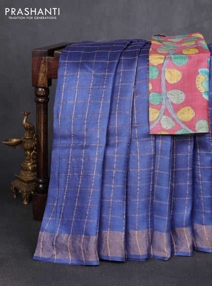Pure tussar silk saree dark blue and maroon shade with allover zari checked pattern and zari woven border