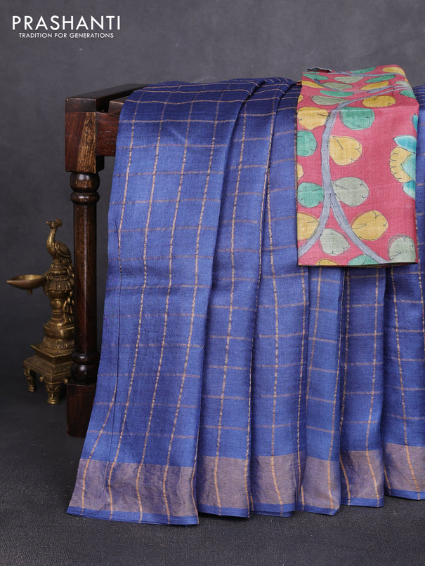 Pure tussar silk saree dark blue and maroon shade with allover zari checked pattern and zari woven border