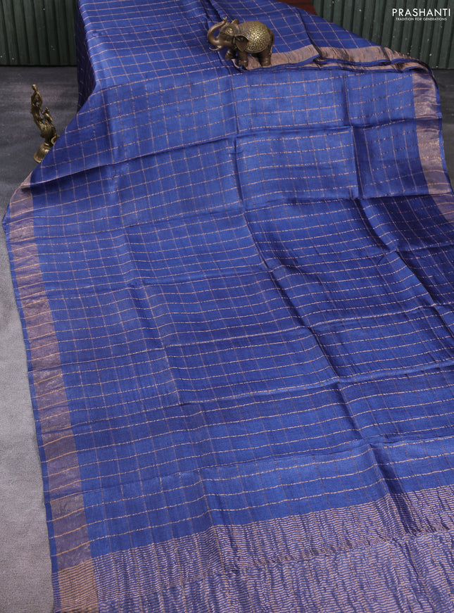 Pure tussar silk saree dark blue and maroon shade with allover zari checked pattern and zari woven border