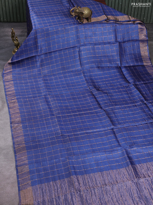 Pure tussar silk saree dark blue and maroon shade with allover zari checked pattern and zari woven border