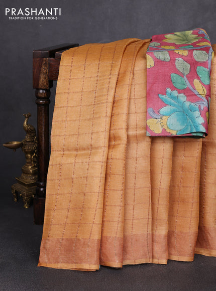 Pure tussar silk saree mustard shade and maroon shade with allover zari checked pattern and zari woven border