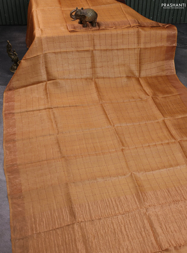 Pure tussar silk saree mustard shade and maroon shade with allover zari checked pattern and zari woven border