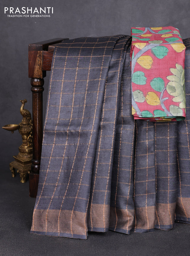 Pure tussar silk saree elephant grey and maroon shade with allover zari checked pattern and zari woven border