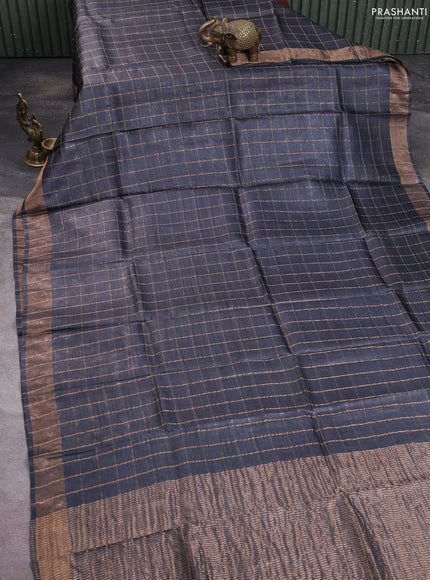Pure tussar silk saree elephant grey and maroon shade with allover zari checked pattern and zari woven border