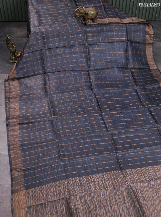 Pure tussar silk saree elephant grey and maroon shade with allover zari checked pattern and zari woven border