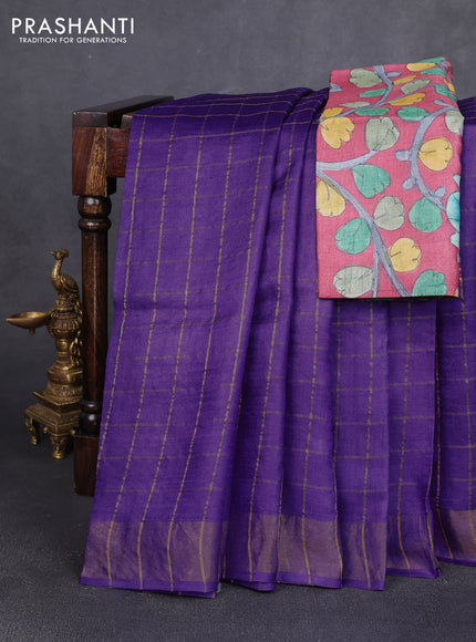 Pure tussar silk saree purple and maroon shade with allover zari checked pattern and zari woven border