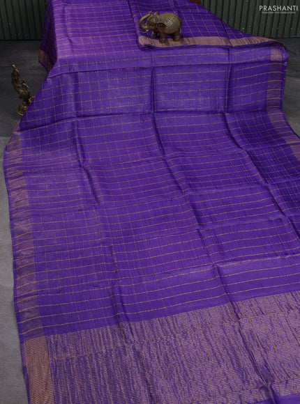 Pure tussar silk saree purple and maroon shade with allover zari checked pattern and zari woven border