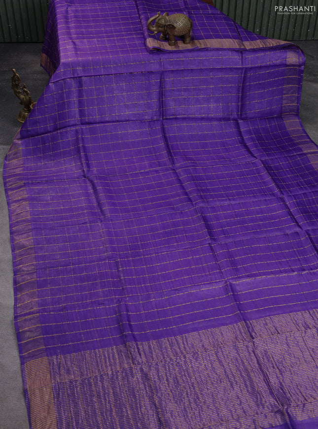 Pure tussar silk saree purple and maroon shade with allover zari checked pattern and zari woven border