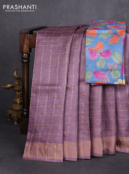 Pure tussar silk saree rosy brown and blue with allover zari checked pattern and zari woven border