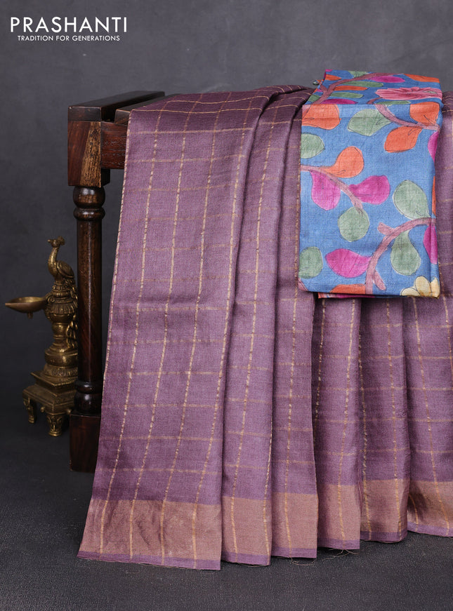 Pure tussar silk saree rosy brown and blue with allover zari checked pattern and zari woven border