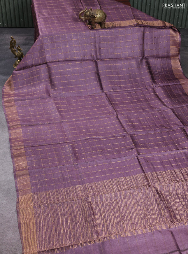 Pure tussar silk saree rosy brown and blue with allover zari checked pattern and zari woven border