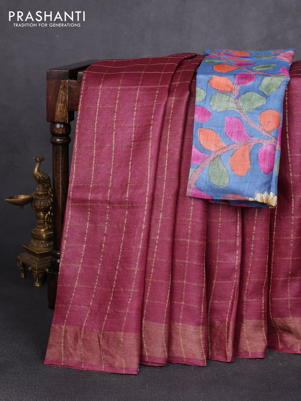 Pure tussar silk saree maroon shade and blue with allover zari checked pattern and zari woven border