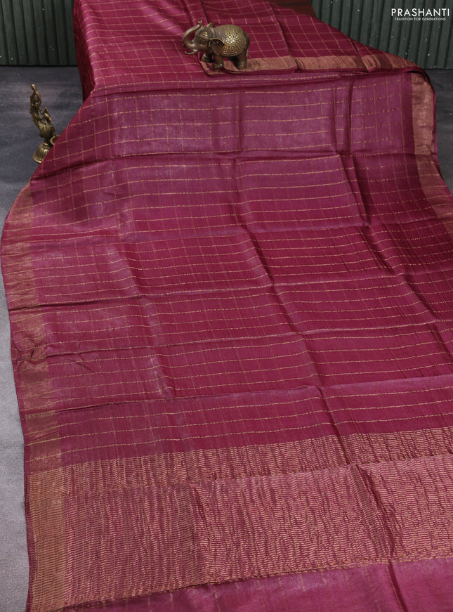 Pure tussar silk saree maroon shade and blue with allover zari checked pattern and zari woven border