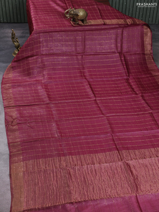 Pure tussar silk saree maroon shade and blue with allover zari checked pattern and zari woven border