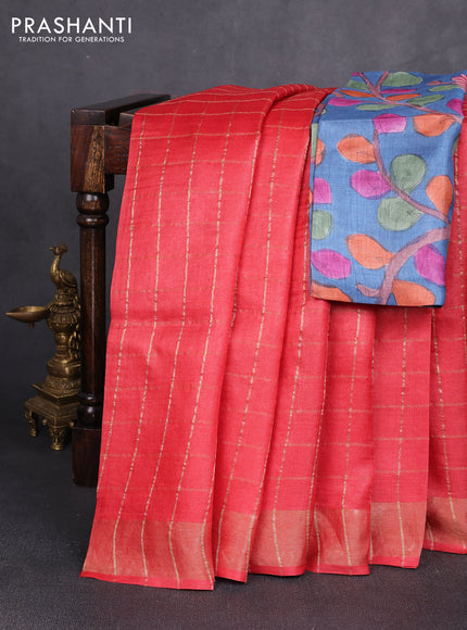 Pure tussar silk saree red and blue with allover zari checked pattern and zari woven border