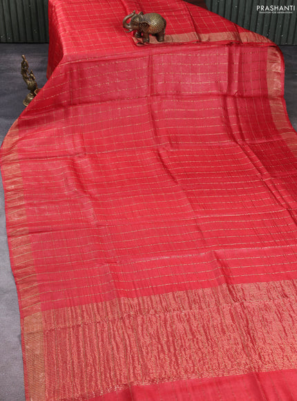 Pure tussar silk saree red and blue with allover zari checked pattern and zari woven border