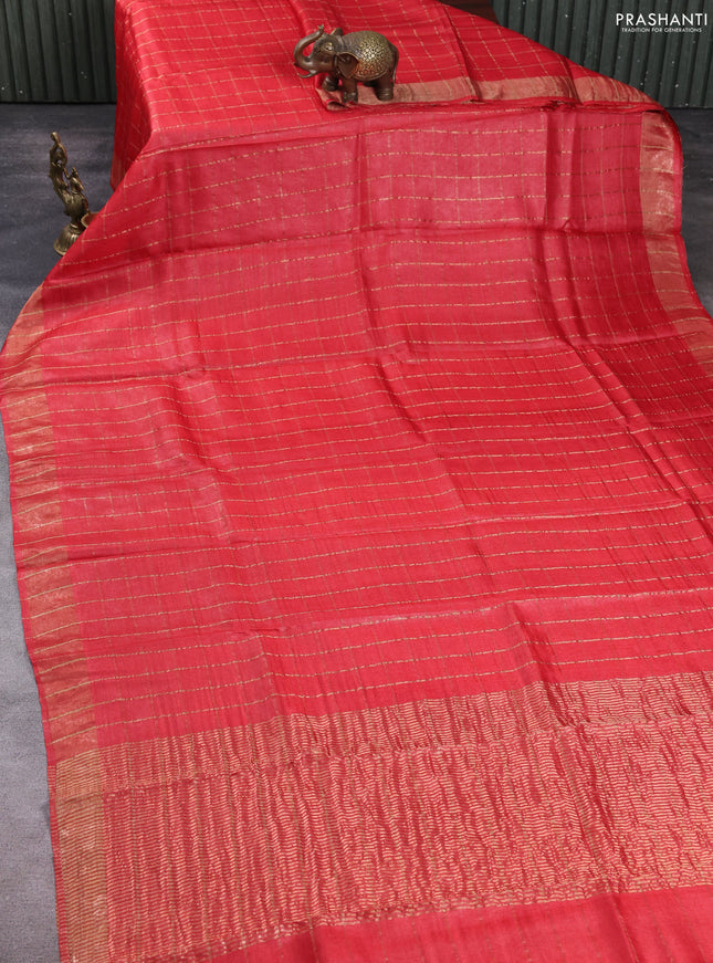 Pure tussar silk saree red and blue with allover zari checked pattern and zari woven border