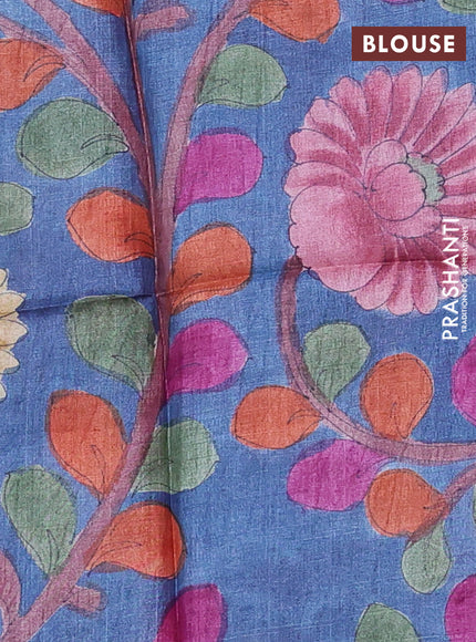 Pure tussar silk saree red and blue with allover zari checked pattern and zari woven border