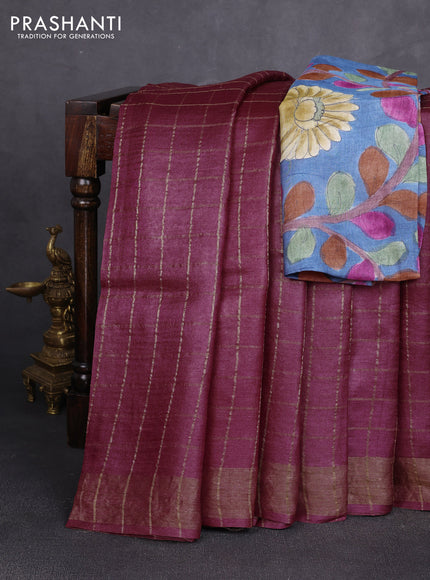 Pure tussar silk saree maroon shade and blue with allover zari checked pattern and zari woven border