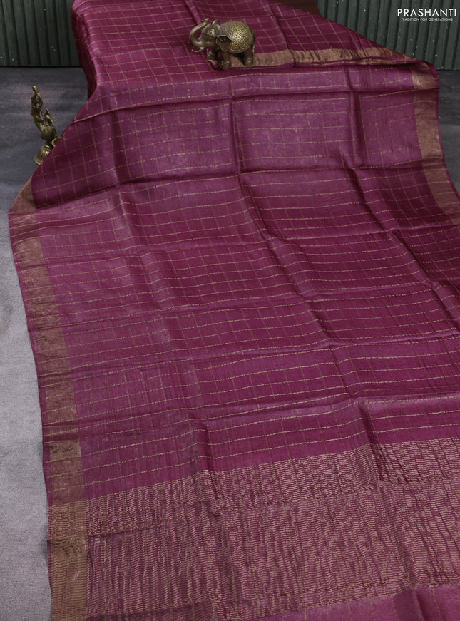 Pure tussar silk saree maroon shade and blue with allover zari checked pattern and zari woven border