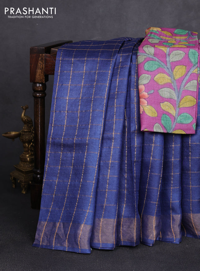 Pure tussar silk saree dark blue and purple with allover zari checked pattern and zari woven border